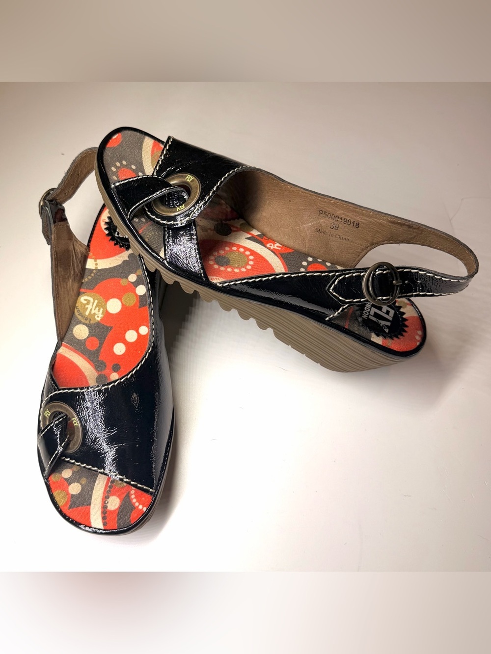 Fly London Women’s Black Wedge Sandals with Buckle Detail Size- 39